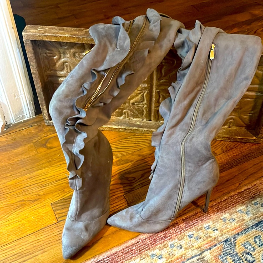 Unique grey suede ruffled over the knee boots
